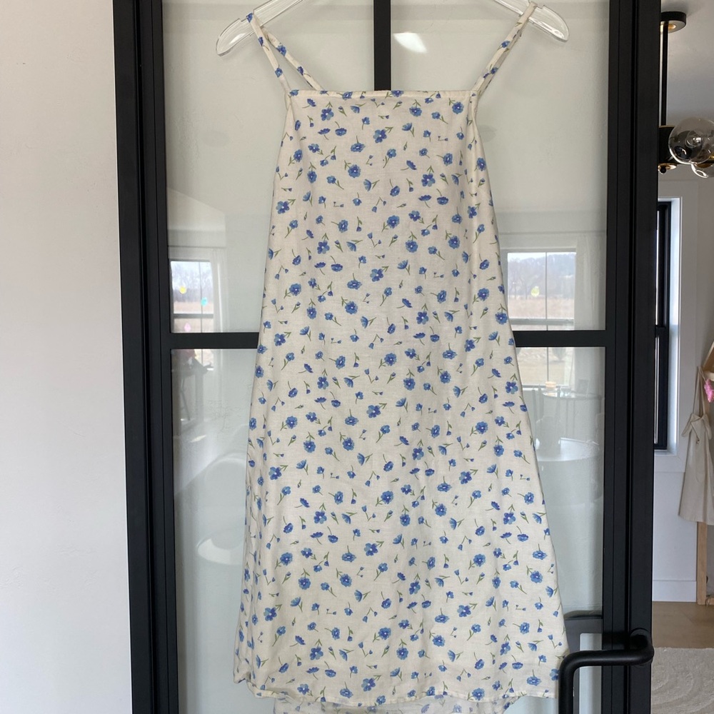 American Eagle y2k White Blue Floral Tie Mini linen cotton cottagecore Dress XS